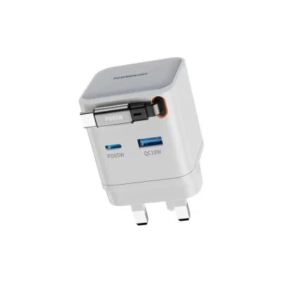 Wall Charger Dual Port | Retractable Gan Charger Powerology - White